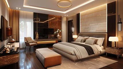 bedroom modern interior design, luxury hotel room, luxury apartment comfortable suite lounge