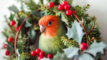 Lovebird in a Wreath with Holly and Berries Concept of Colorful Birds, Nature, Holiday Decoration, Winter Festivity, Christmas parrot. White background