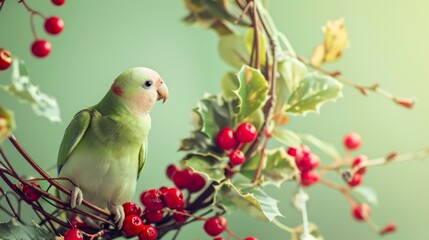 Green parrot perched on holly branch with red berries and leaves. Concept of tropical bird, nature, wildlife, birdwatching, Christmas