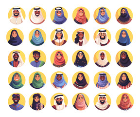 Cartoon Arab People Avatars in Circles Icon Set. White Background Simple Cartoon Style Middle Eastern Characters Portraits Muslim Faces Vector Illustrations Ethnic Diversity