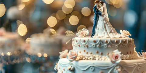 Wedding cake with a statuette of the newlyweds