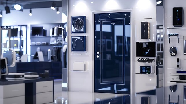 glossy indigo door on a modern electronics store, with sleek gadgets and state-of-the-art technology on display