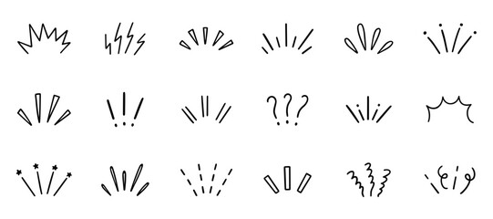 Comic Expression sign, Anime manga doodle set. Japanese decorative lines, shock, character emotion symbols, movement in sketch style. Hand drawn vector illustration isolated on white background