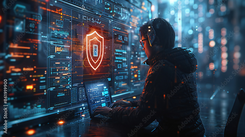 Wall mural cyber security network. data protection concept. businessman using digital tablet with biometric net