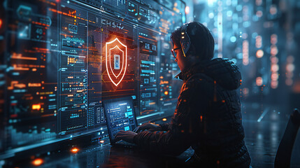 Cyber security network. Data protection concept. Businessman using digital tablet with biometric network security technology with data management, cybersecurity, computer crime, data encryption