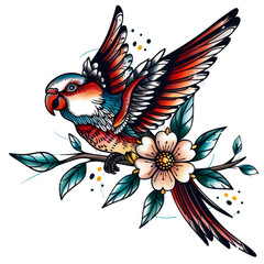 Fototapeta premium Tattoo art: parrot on a floral branch in vivid colors. Vintage tattoo design