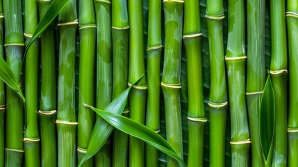 Obraz premium Detailed close-up of fresh green bamboo stalks aligned vertically with leaves, creating a natural and vibrant background. The image captures the texture and vivid green color of bamboo.