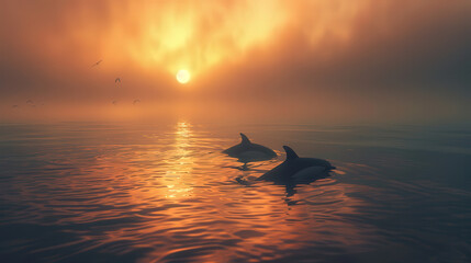 Early morning ocean scene, dolphins playing in the serene water, mist rising off the surface.