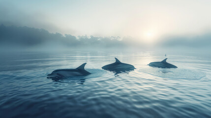 Fototapeta premium /iEarly morning ocean scene, dolphins playing in the serene water, mist rising off the surface, creating a mystical atmosphere. 