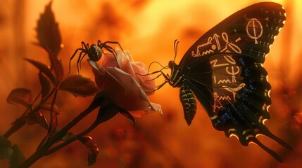 A peaceful encounter where a butterfly with Egyptian hieroglyphic wing designs meets a spider on a rosebud, against a dusk orange background