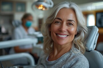 photo of senior woman smiling in dentist's chair