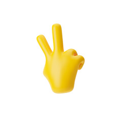 Yellow emoji hand showing two fingers or victory gesture isolated over transparent background, png. 3d rendering.