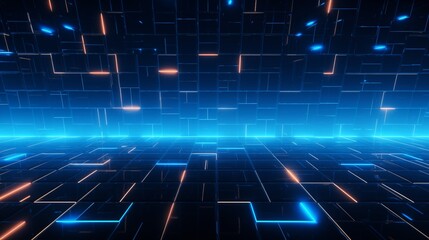 A Futuristic Digital Grid with Blue and Orange Neon Glow Lights