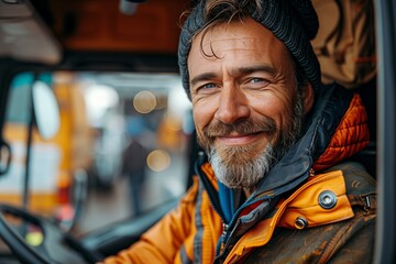 Obraz premium photo of truck driver in the driver's seat