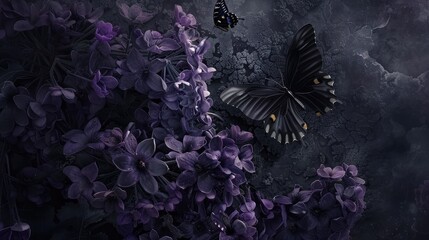 An aerial view of a lush, dark amethyst flower with a mysterious black butterfly hovering above, all set against a deep charcoal backdrop that enhances the contrast