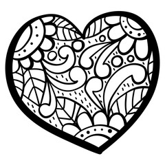 Outline heart with fantasy patterns, coloring page with flowers and swirls