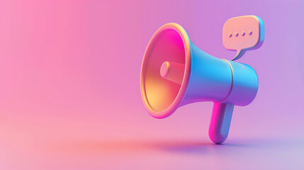A 3D speaker with a gradient design and a speech bubble icon. Perfect for online ads and social media.