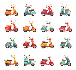 Fototapeta premium Cartoon Different Vintage Mopeds Icon Set. White Background Simple Style Retro Scooters Illustrations Classic Motorbikes Collection Urban Transport Clipart