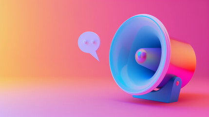 A 3D speaker with a gradient design and a speech bubble icon. Perfect for online ads and social media.