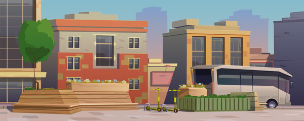 City infrastructure, public space, street with parklets and bicycle parking. City buildings and skyscrapers, public transport. Wooden bench with flower bed, mini park, resting place. Vector cartoon.