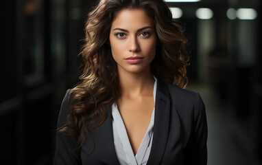 Fototapeta premium A woman with long brown hair is standing in a dimly lit hallway. She is wearing a black suit and looking directly at the camera