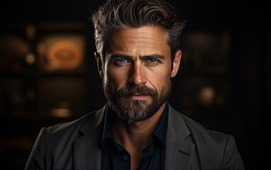 Obraz premium A man with a beard is photographed in a dark studio setting. He is wearing a gray suit and black shirt and is looking directly at the camera with a serious expression