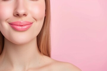 Fototapeta premium Smiling Woman with Natural Makeup on Pink Background. Studio Portrait of Young Female with Healthy Skin and Light Makeup. Close-Up of Happy Woman's Face with Soft Pink Lips. Ideal for Beauty and Skinc