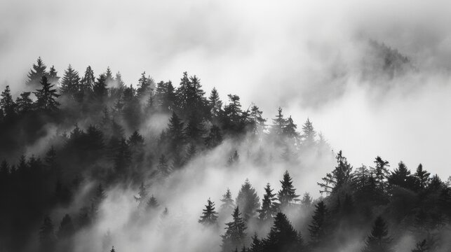 A dense forest is ly visible in the distant fog creating a sense of detachment and mystery. Black and white art