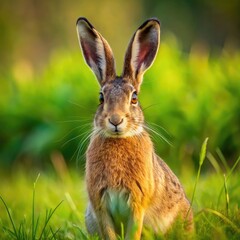 European Hare Gazing Into the Camera in a Lush Green Meadow. Generative AI