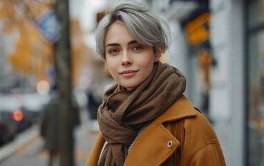 Fototapeta premium A young woman with short grey hair and a brown scarf smiles as she walks through a city street