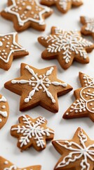 decorated star-shaped gingerbread cookies on white background, close-up. festive christmas baking concept