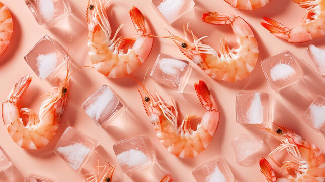 soft pink shrimps with ice cubes on a pastel background for culinary display