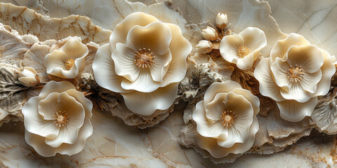 panel wall art, wall decoration, marble background with flowers designs