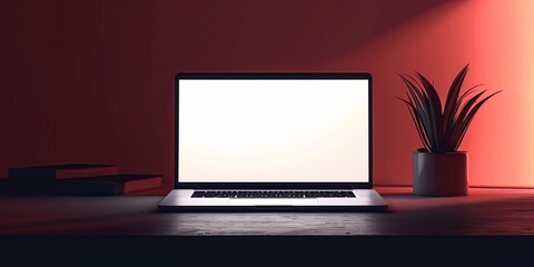 Fototapeta premium Photograph of a laptop on a desk with a plant and books, emphasizing the contrast and warm lighting in a sleek office setup.