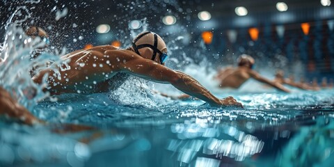 Photography of a dynamic swimming competition, capturing the intensity and teamwork in aquatic sports.