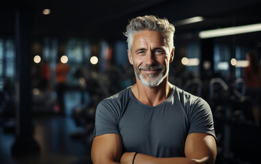 Obraz premium A portrait of a man with grey hair and a beard, smiling at the camera, standing in a gym