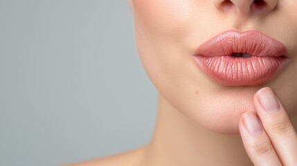 Obraz premium Close-Up of Natural Lips on Gray Background, Soft and Nude Lip Color, Beauty and Makeup Concept, Minimalist and Elegant Look, Focus on Natural Lips, Gray Themed Portrait, Subtle Lip Makeup