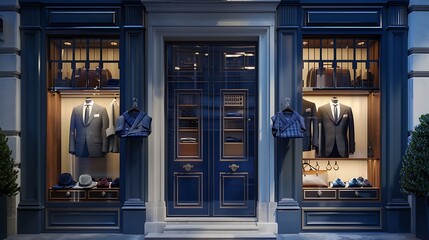 rich sapphire blue door on a luxury tailor, with fine fabrics and bespoke suits showcased in an elegant setting