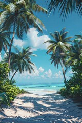 Fototapeta premium Serene Tropical Beach with Palm Trees and Turquoise Ocean