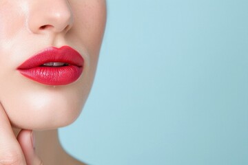 Obraz premium Woman with Red Lips on Blue Background, Bold and Classic Lip Color, Elegant and Striking Portrait, Beauty and Makeup Concept, Red Lipstick Focus, Classic Beauty Shot, Sophisticated Look
