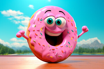 Funny pink donut with eyes. Cute donut shaped monster with friendly welcoming happy face. Image for National Donut Day, pizzeria, notebook, signboard, cafe, Puzzle. Welcome or Good morning gesture