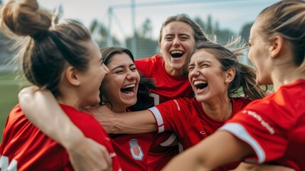 group of happy female soccer players in uniform celebrating a goal on the field