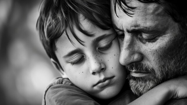 A father and son share a warm embrace their expressions reflecting a deep love and mutual admiration. Black and white art