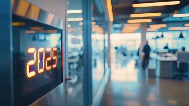 Digital clock on office wall showing final moments of 2025 countdown, with employees in the background. 2025 countdown to midnight