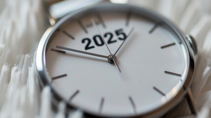 Minimalist wristwatch close-up showing December 31, 2025, at 11:59 PM, just before the New Year. 2025 countdown to midnight