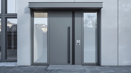 Fototapeta premium soft grey door with a minimalist design, framed by frosted glass side panels and sleek, modern hardware