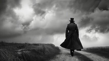 A figure in a top hat and long trench coat walks away leaving the viewer wondering what secrets they hold. Black and white art