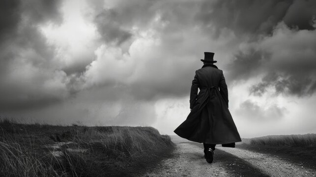 A figure in a top hat and long trench coat walks away leaving the viewer wondering what secrets they hold. Black and white art