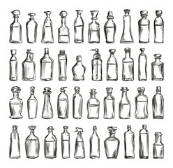 Doodle Style Different Oil Bottles Set. Low Detailed Line Sketch with Crisp Contours on a White Background Cooking Oil Containers Illustrations Kitchen Supplies Cooking Ingredients