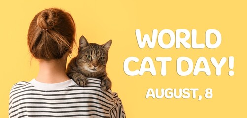 Banner for International Cat Day with young woman and cute pet © Pixel-Shot